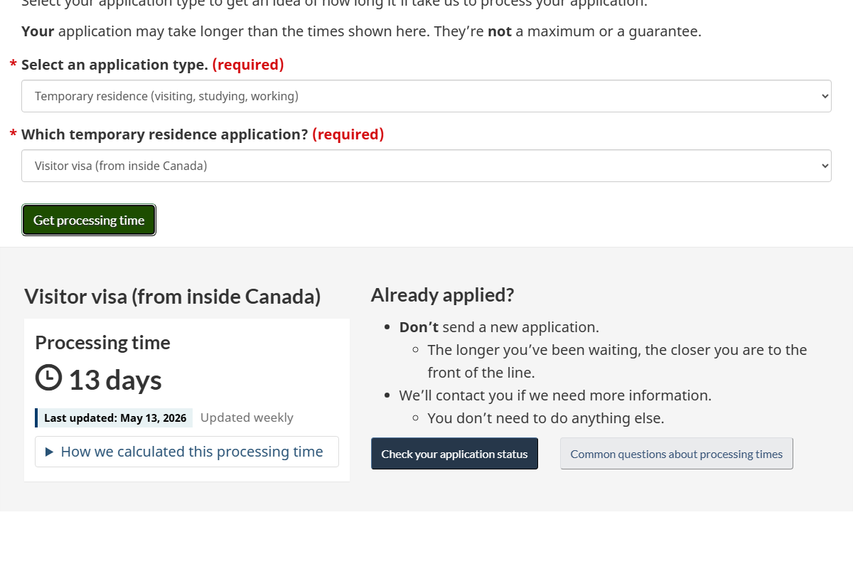 IRCC processing times tool showing 13 days for visitor visa from inside Canada, May 2026