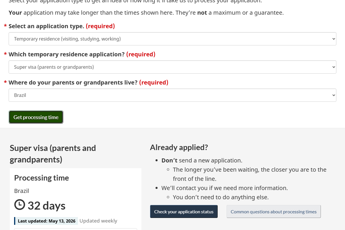 IRCC Processing Times Tool showing Super Visa (parents or grandparents), Brazil, 32 days — May 2026