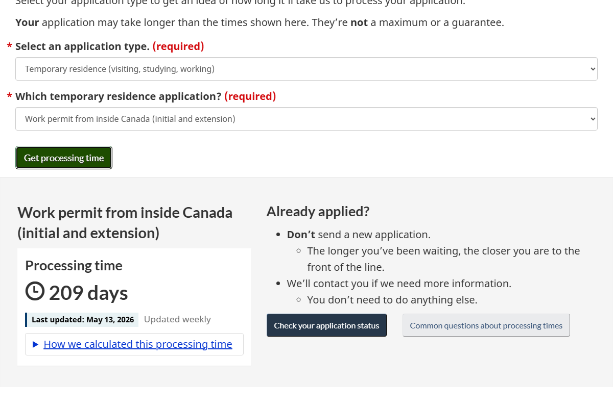 IRCC Processing Times Tool showing Work permit from inside Canada (initial and extension) including PGWP, 209 days — May 2026