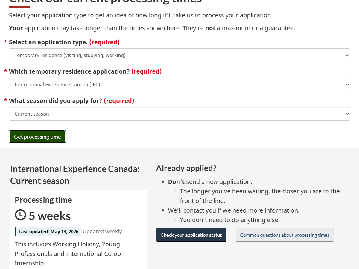 IRCC Processing Times Tool showing International Experience Canada (IEC) Current season, 5 weeks — May 2026