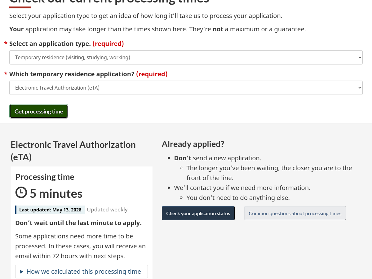 IRCC Processing Times Tool — eTA (Electronic Travel Authorization), About 5 minutes — May 2026