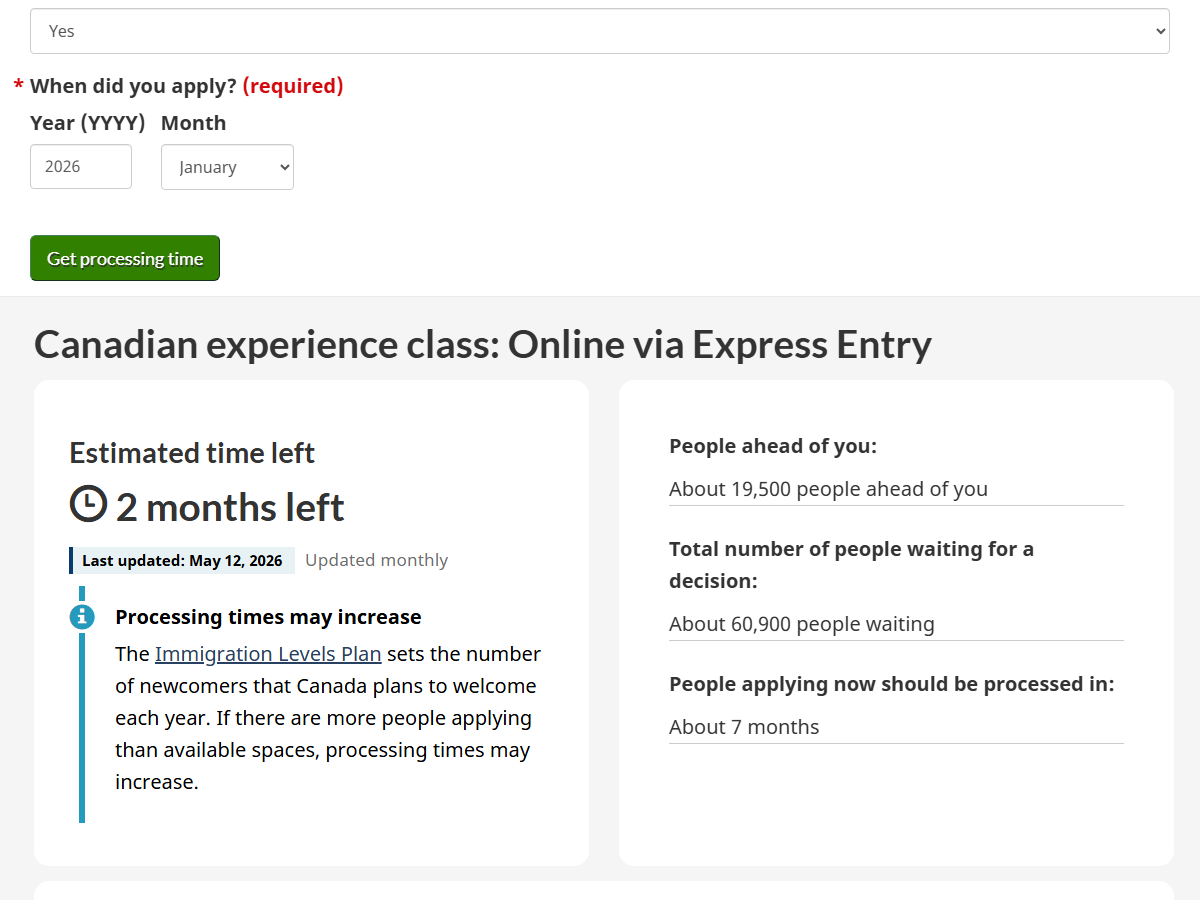 IRCC Processing Times Tool — Canadian Experience Class via Express Entry, About 7 months for new applicants — May 2026