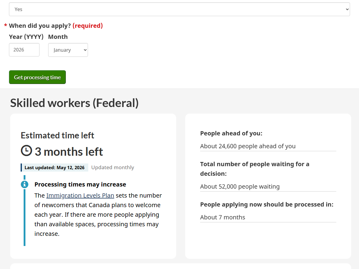 IRCC Processing Times Tool — Skilled workers (Federal) via Express Entry, About 7 months for new applicants — May 2026