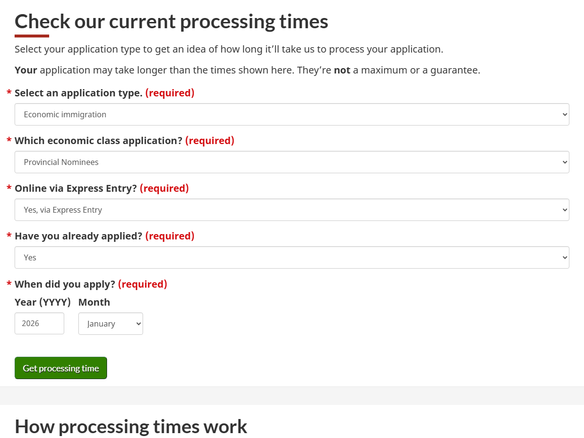 IRCC Processing Times Tool — Provincial Nominees via Express Entry, About 7 months — May 2026