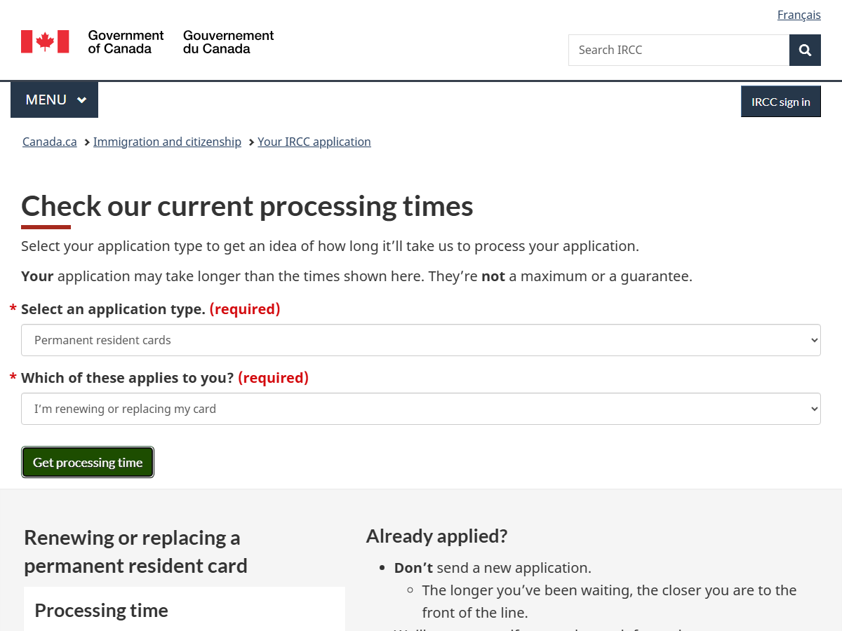 IRCC Processing Times Tool — Renewing or replacing a permanent resident card, Processing time 27 days — May 2026