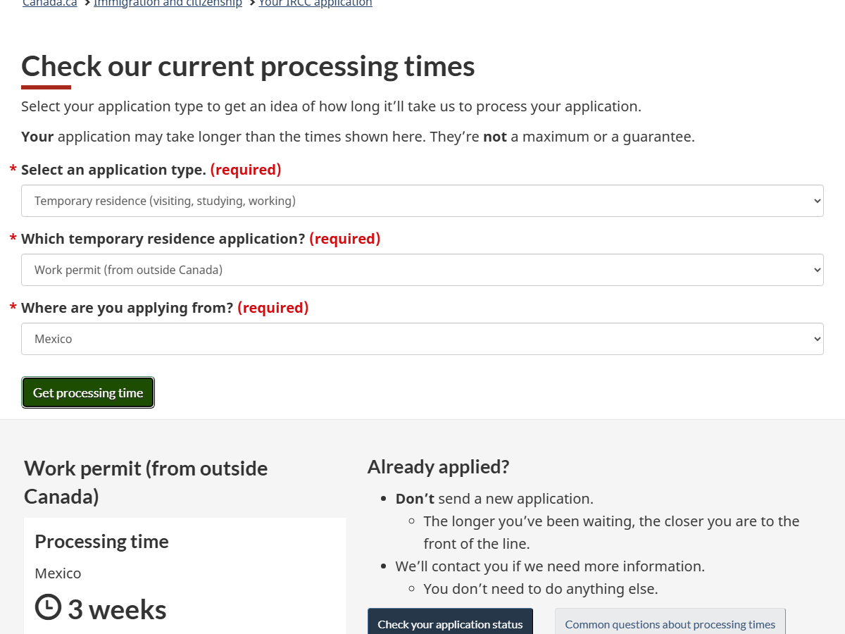 IRCC Processing Times Tool — Work permit from outside Canada, Mexico, 3 weeks — May 2026