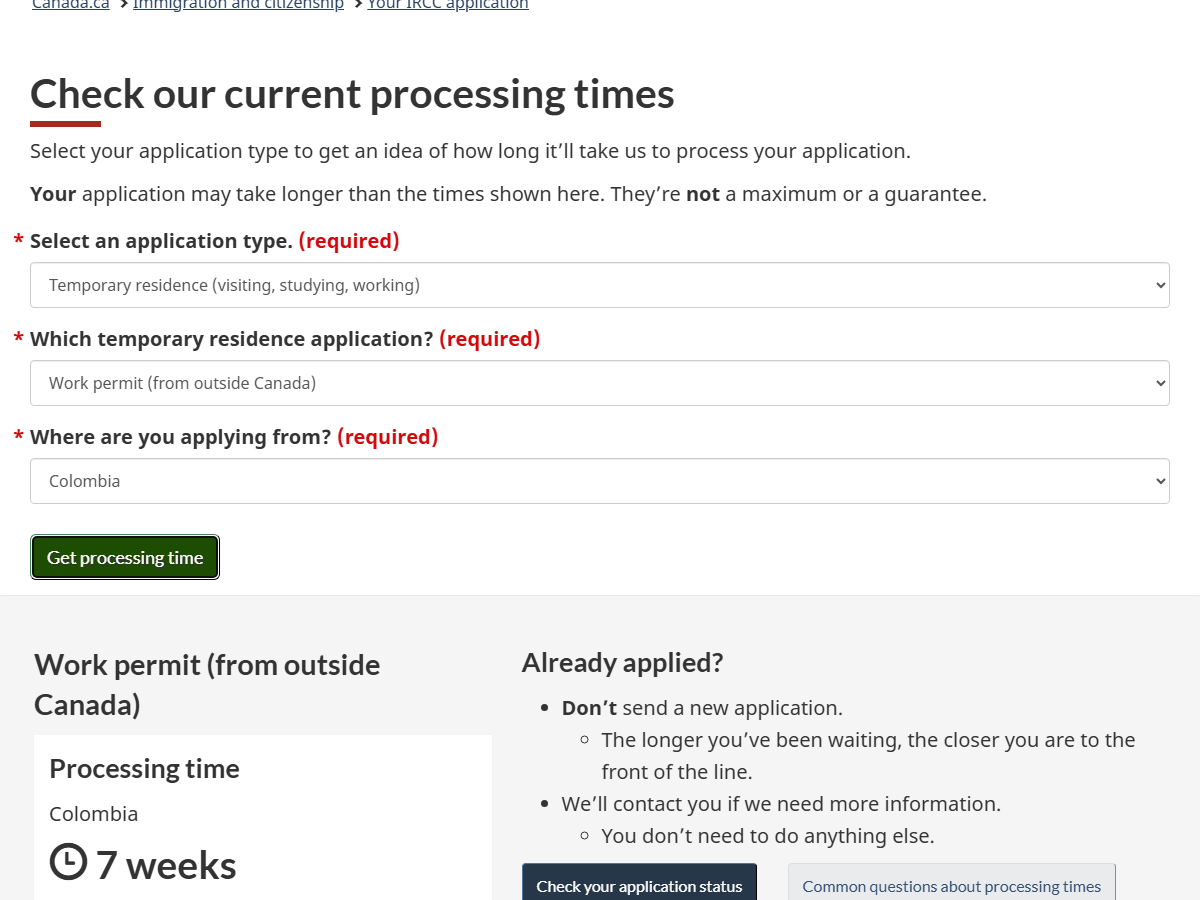 IRCC Processing Times Tool — Work permit from outside Canada, Colombia, 7 weeks — May 2026