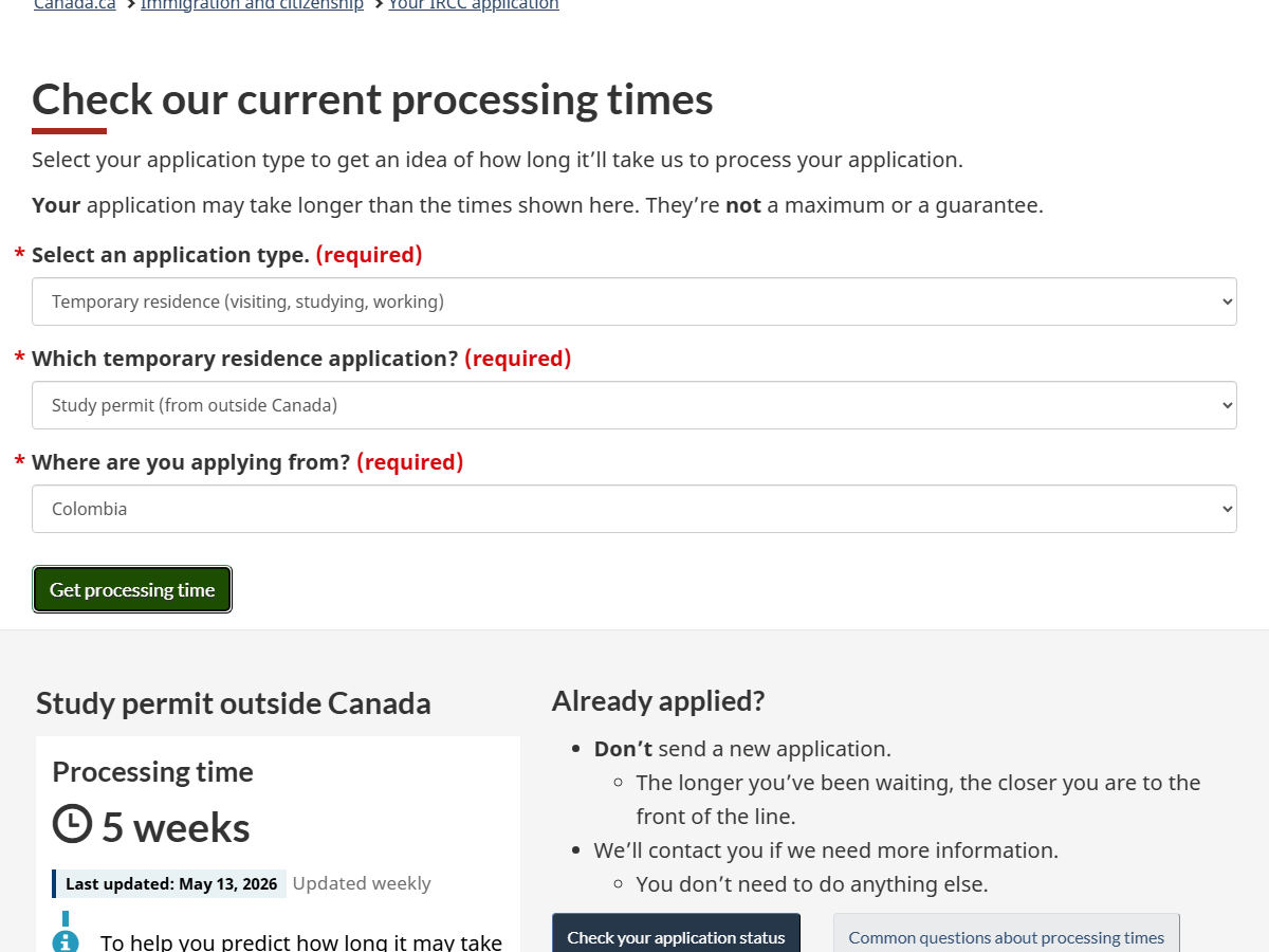 IRCC Processing Times Tool — Study permit outside Canada, Colombia, 5 weeks — May 2026