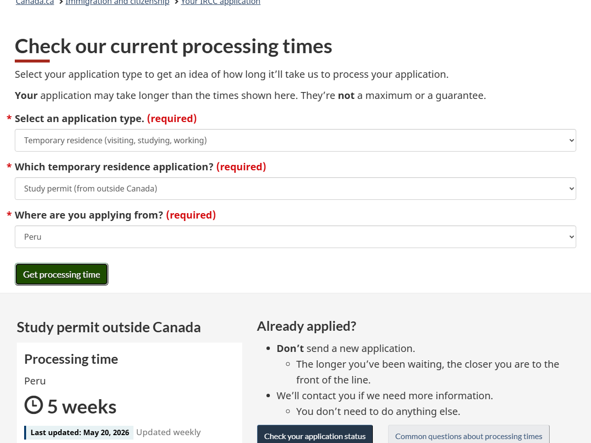 IRCC Processing Times Tool — Study permit outside Canada, Peru, 5 weeks — May 2026