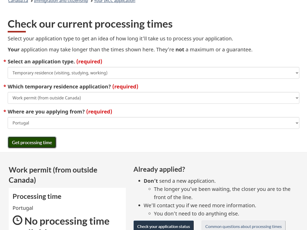IRCC Processing Times Tool — Work permit from outside Canada, Portugal, No processing time available — May 2026