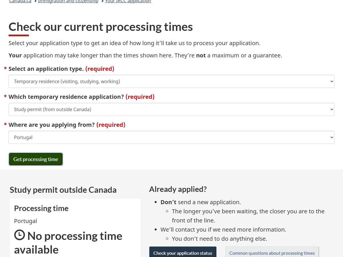 IRCC Processing Times Tool — Study permit outside Canada, Portugal, No processing time available — May 2026
