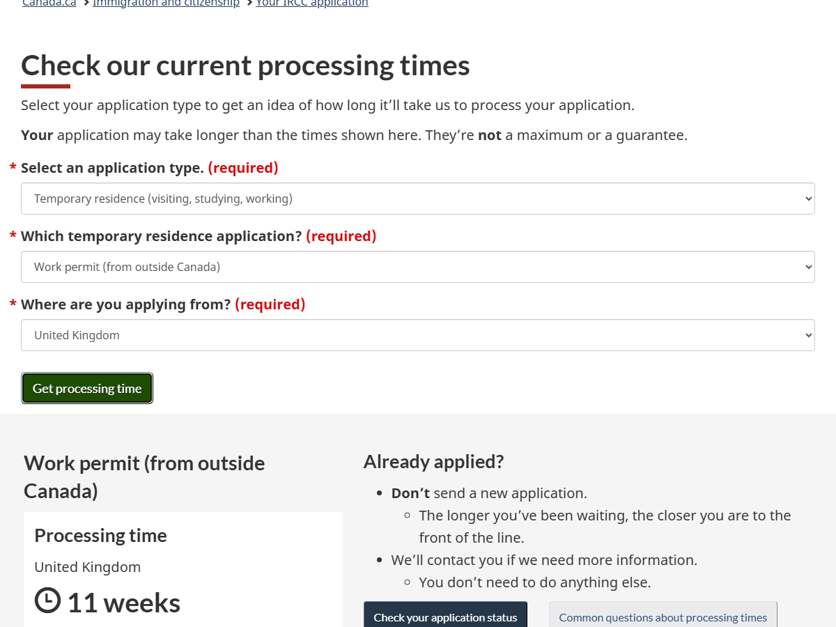 IRCC Processing Times Tool — Work permit from outside Canada, United Kingdom, 11 weeks — May 2026