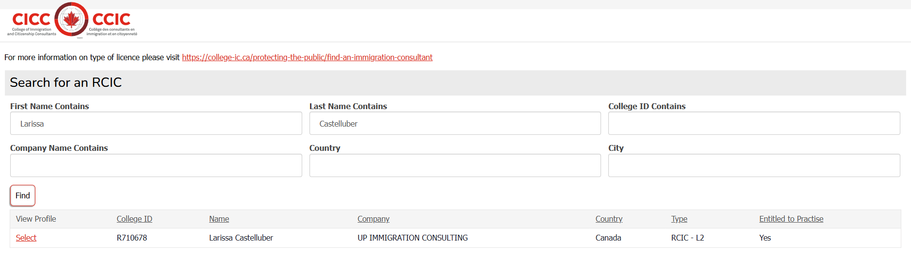 CICC public register search result showing Larissa Castelluber, College ID R710678, UP Immigration Consulting, RCIC-L2, Entitled to Practise: Yes